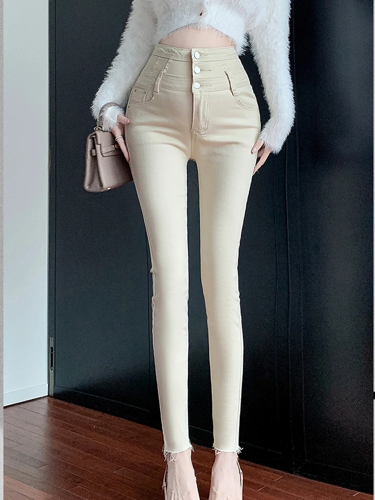 Casual Three Breasted High Waisted Elastic Slim Fit Jeans 2024 New Fashionable Women'S Clothing