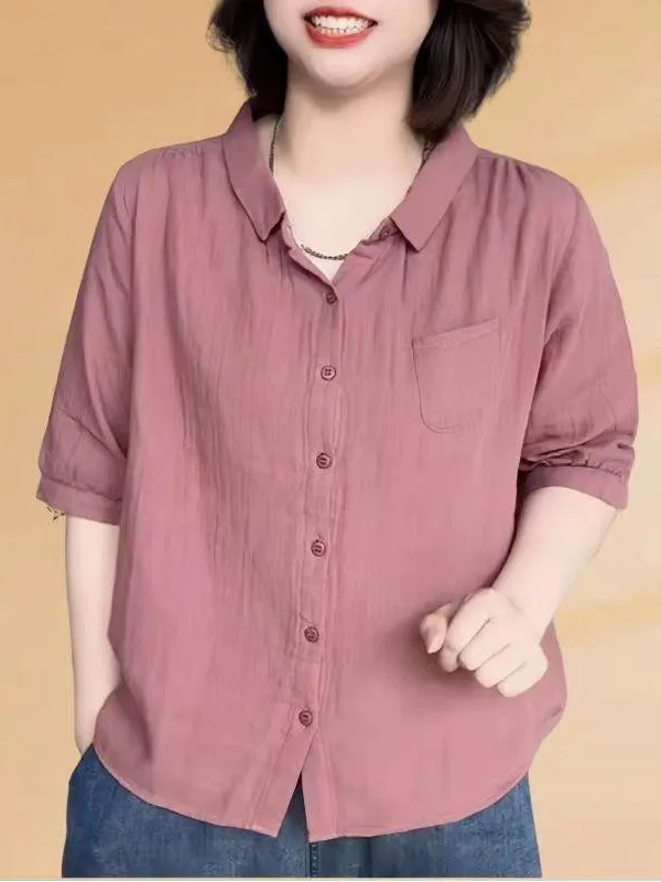 

Fashionable Cotton Linen Short Sleeve Shirt Women's Summer New Style Loose Fit Korean Style Commute Style Pure Color Shirt