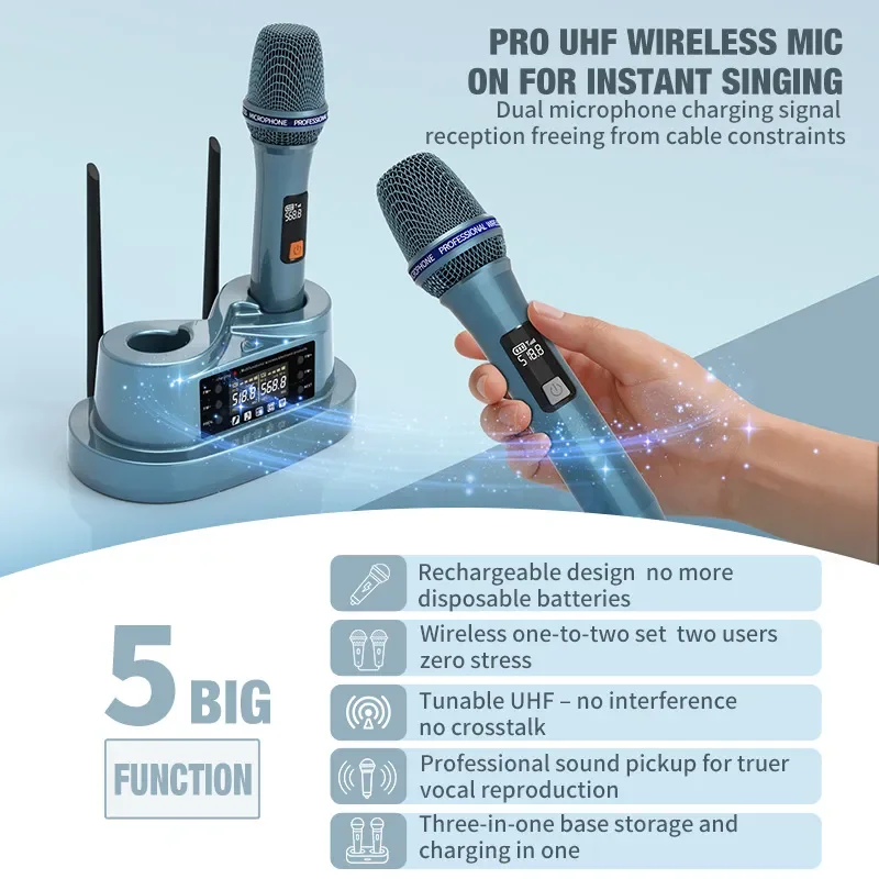 New Wireless Microphone with Two Handheld Magnetic Induction UHF Automatic Frequency Matching Intelligent Charging for D2600