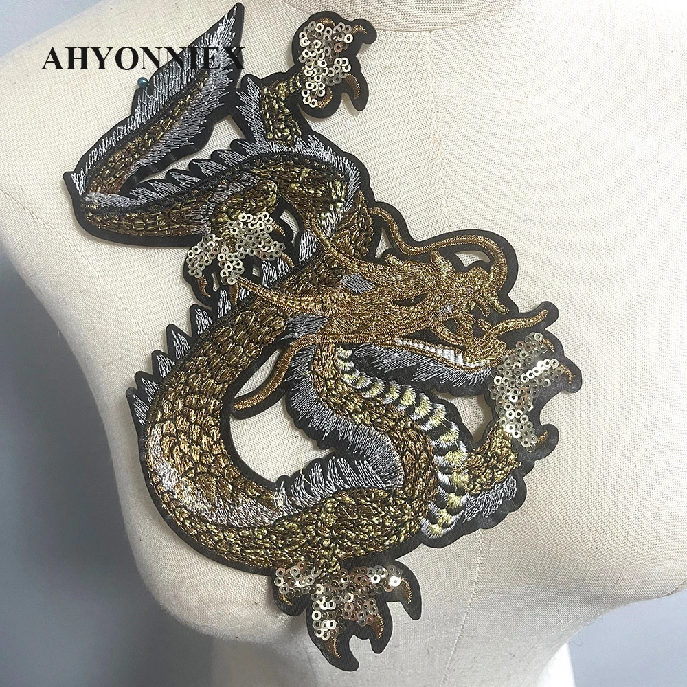 14 X 18.5CM Big Size Dragon Patches Golden Embroidered Stickers for Jacket DIY Fashion Clothes Decoration Accessories