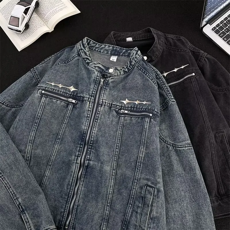 

Мужская джинсовая куртка American Sle ort, весна-осень, с эффектом объемных плеч и воротником-стойкой, стильная и модная