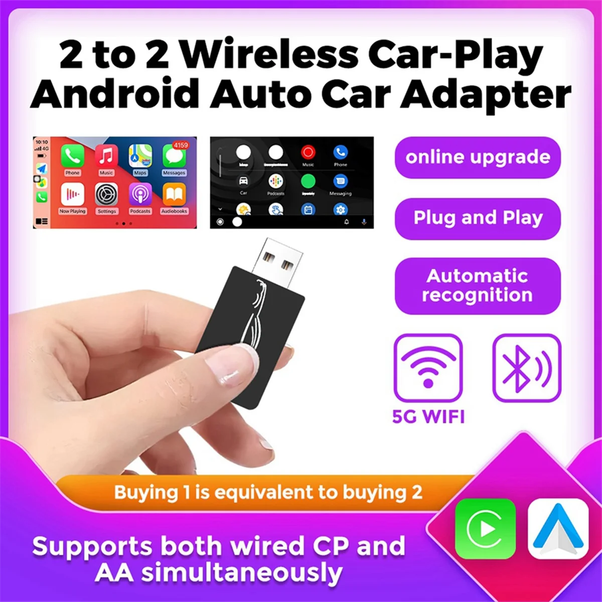 2 do 2 bezprzewodowych adapterów Carplay Android Auto Smart USB Dongle Plug & Play dla Havel Kia Volvo Audi MG VW Hyundai Jeep