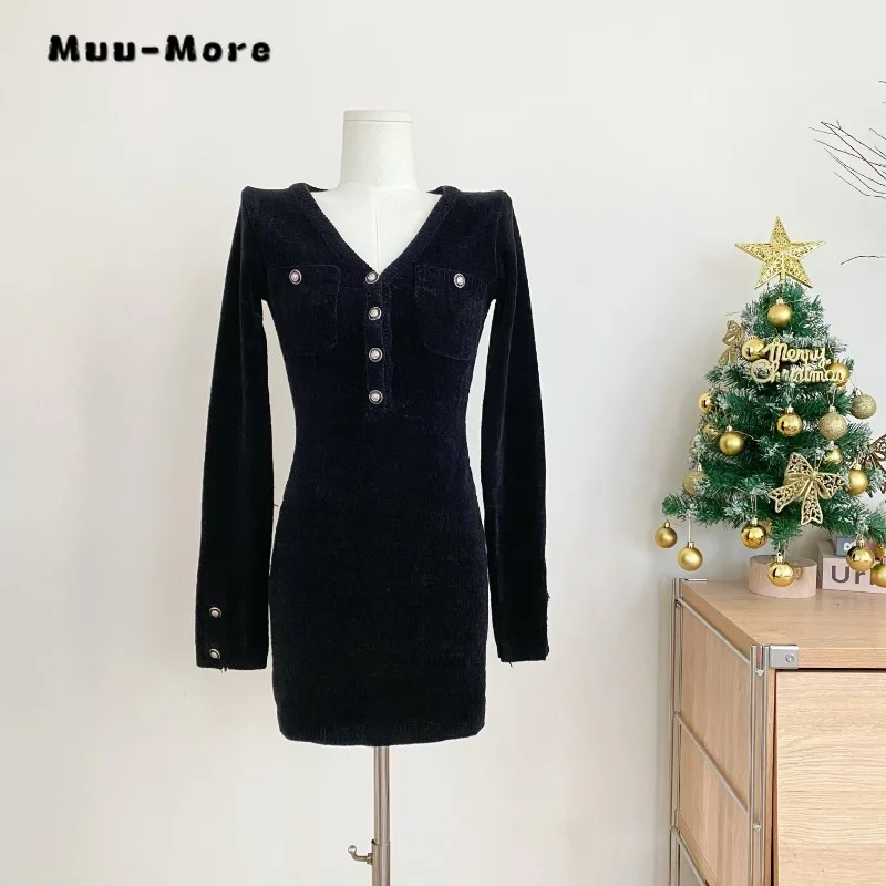 

2024 Spring Female Vintage Long Sleeve Luxury Mini Dresses Women's Elegant Casual V-neck Pockets A-Line Sexy Sheath Dress