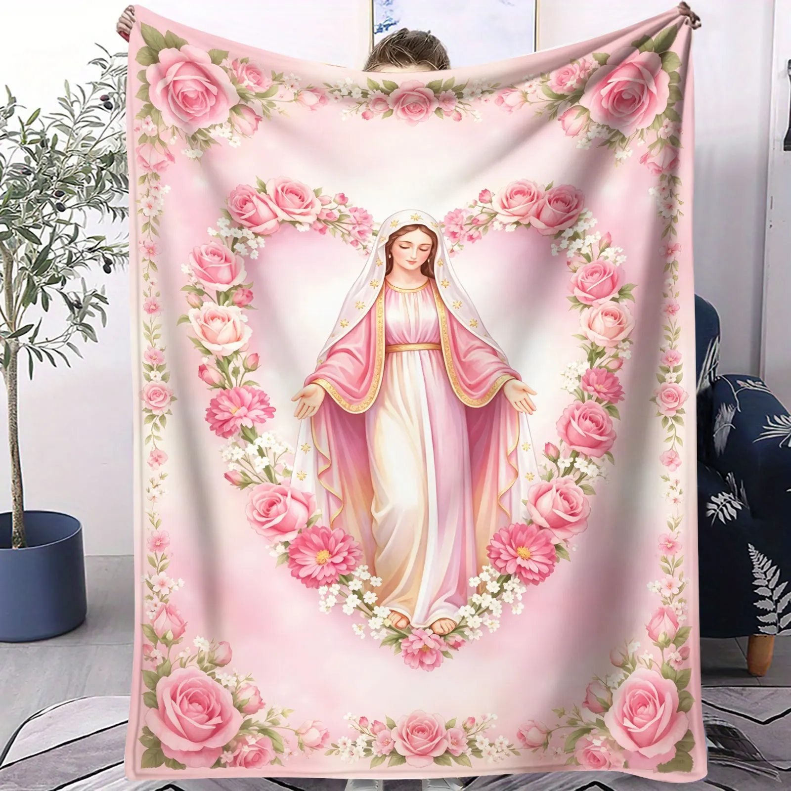 Pink Virgin Mary Rose Floral Throw Blanket Religious Saint Print Soft Plush Fleece Blanket Warm Sofa Bed Travel Flannel Blanket