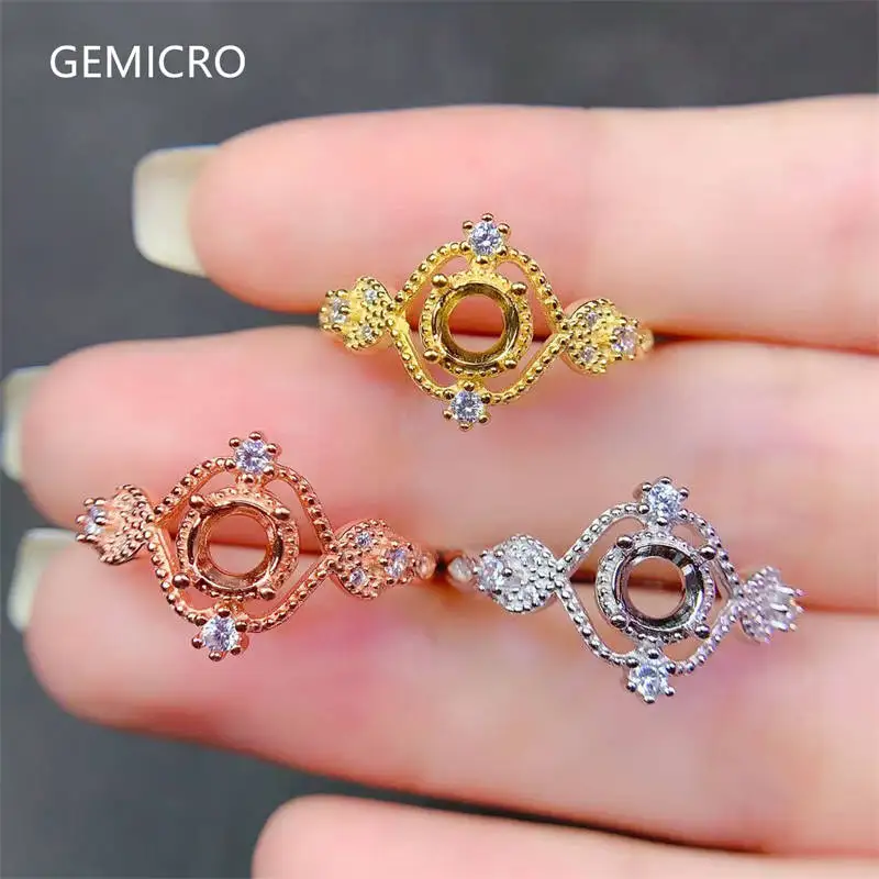 

S925 Sterling Silver DIY Empty Holder Ring Settings 5mm Circle Stone Fine Simple Zircon Design Weddings Jewelry for Woman