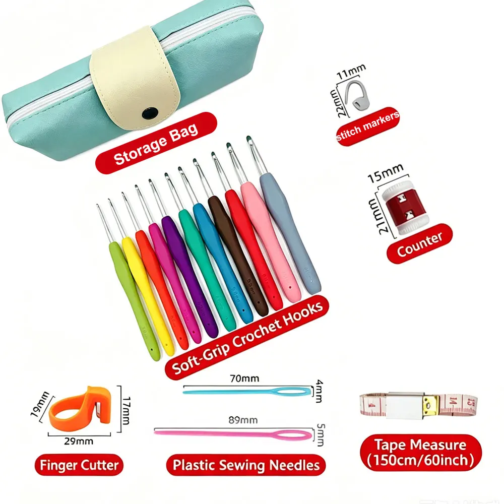 37pcs Crochet Hooks Kits with Storage Bag Soft Handle Crochet Needles Knitting Needles Set DIY Sewing Weaving Tool for Beginners