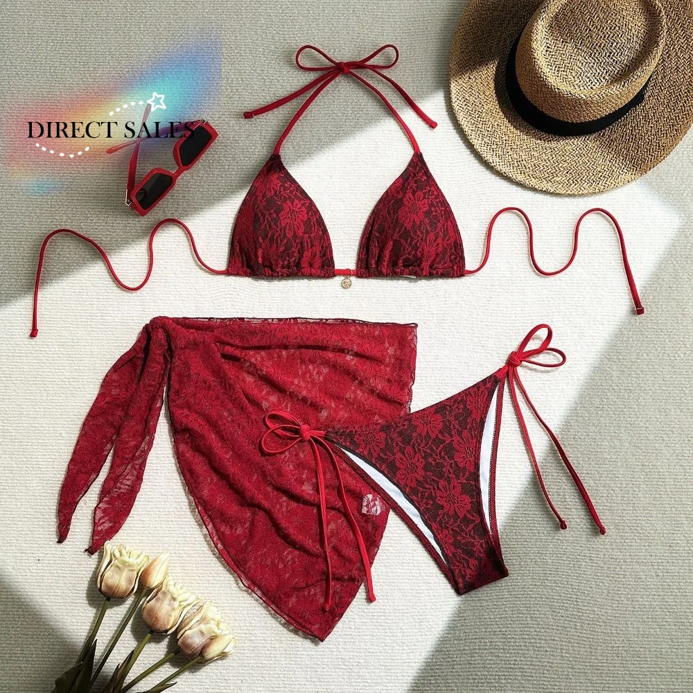 

Fashion Halter Sexy Brazilian Bikini Set Mesh Cover Skirt Lace Bikinis Red Nylon Swimsuits Vacay Outfit