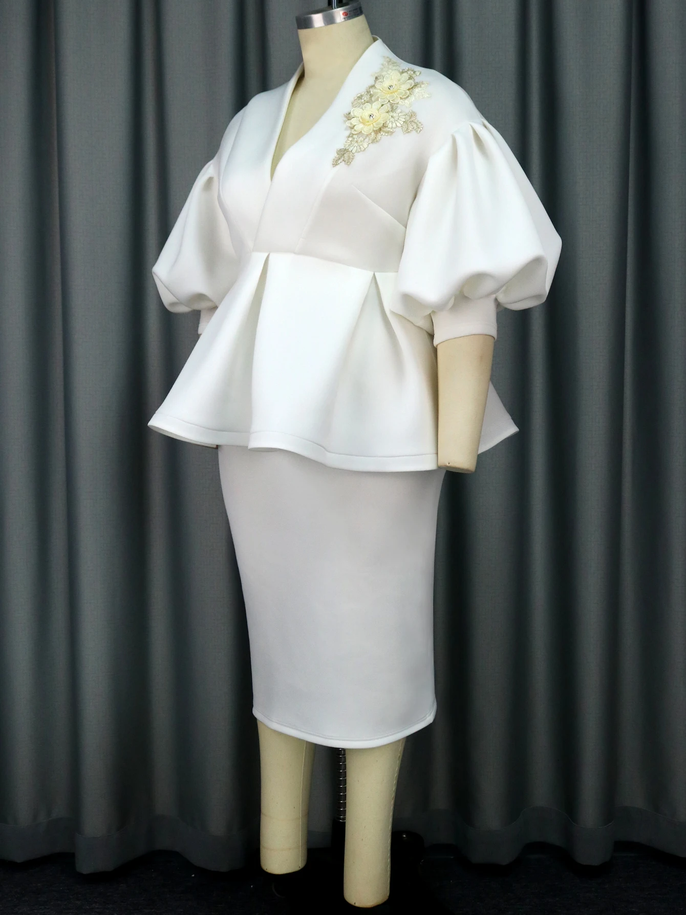 White Two Piece Sets for Women V Neck Peplum Tops and High Waist Pencil Skirts Office Lady Evening Cocktail Event Suits 4XL