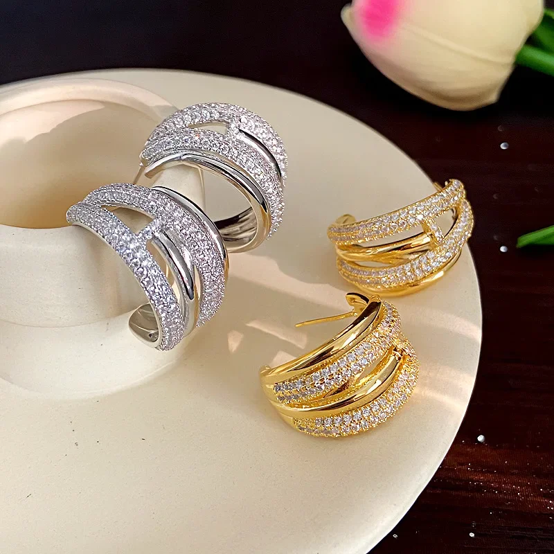 

European and American Fashion Full Zirconium Light Luxury Irregular Multi-layer Semi-circular Cross Cold Wind Earrings.