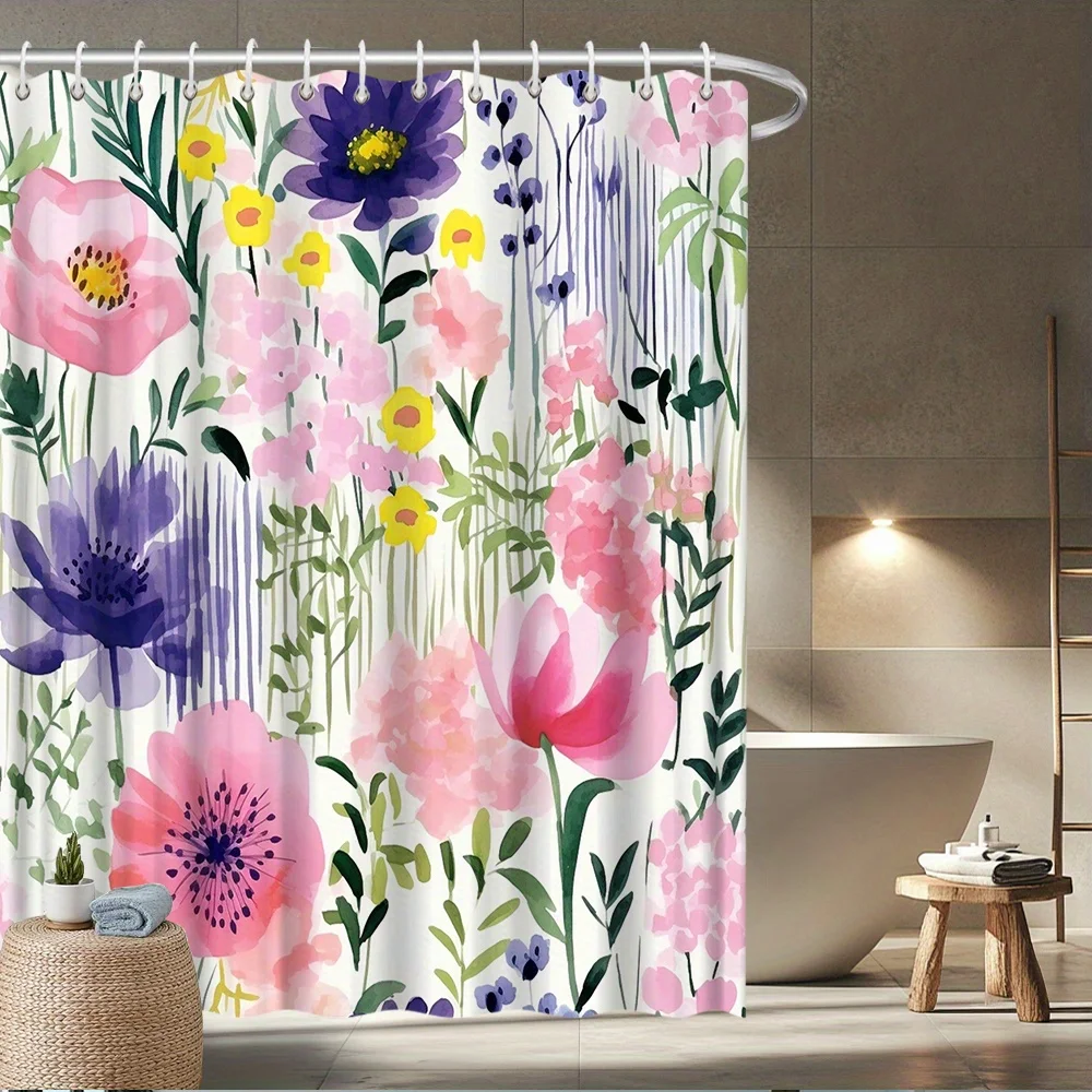 Watercolor Floral Shower Curtain – Soft Pink & Lavender Poppies, Sunny Yellow Blooms, Verdant Stems on Cream, Waterproof