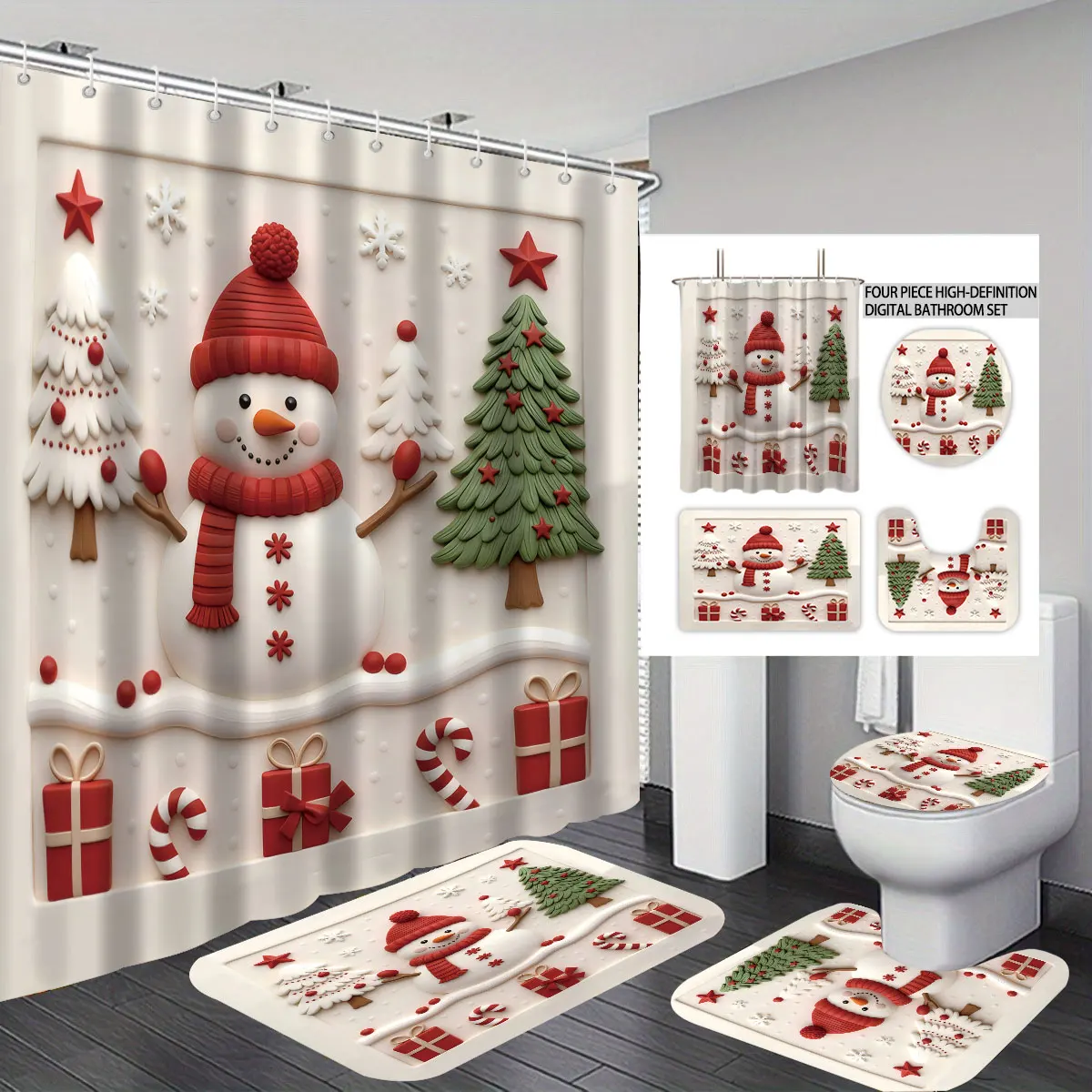 

4pcs Merry Christmas Cartoon Christmas Snowman Print Bathroom Set Waterproof Shower Curtain Floor Mat Toilet Mat U-shaped Mat