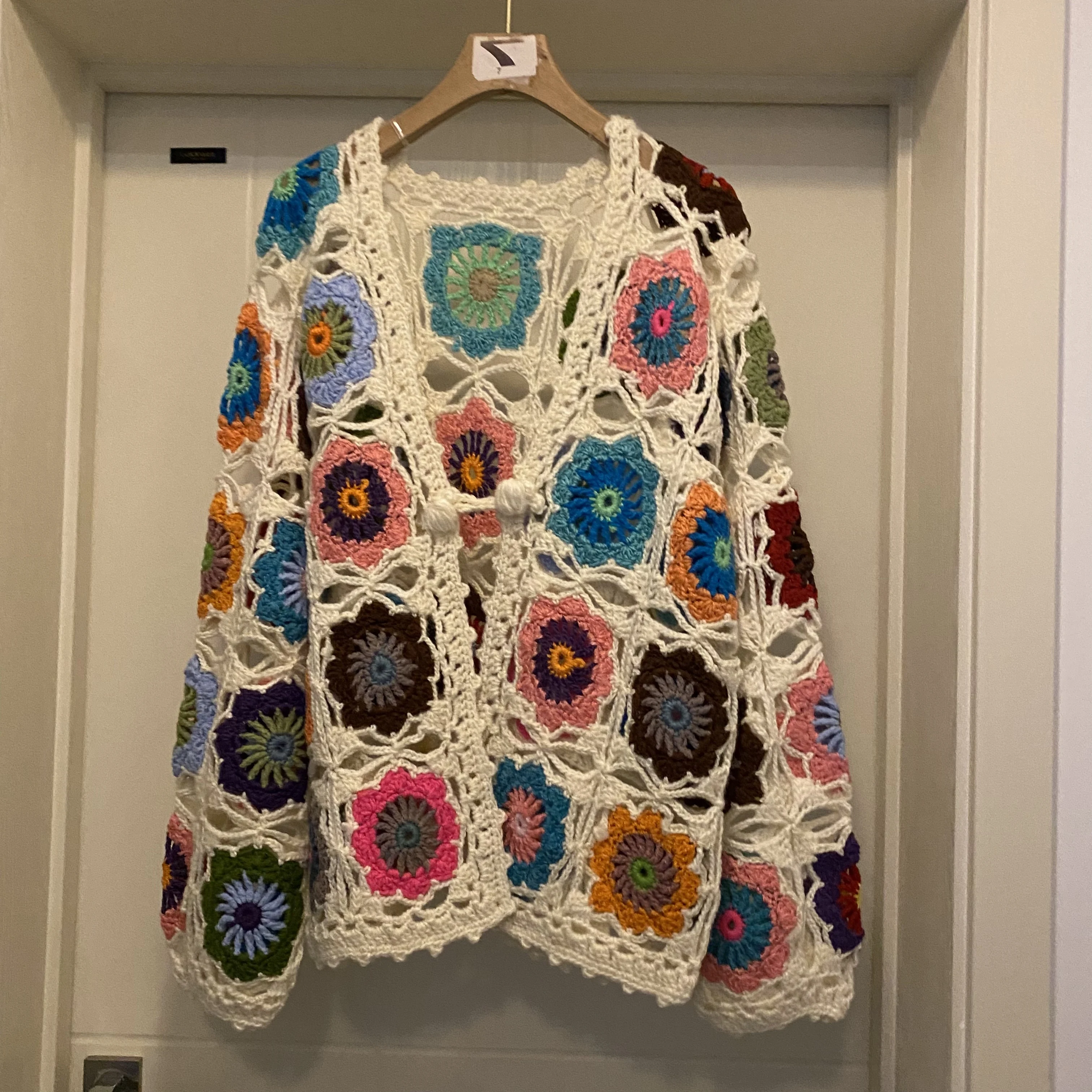 Women Granny Square Crochet Cardigan Colorful Floral Openwork Knit Sweater Vintage Boho Tie Front Long Sleeve Loose Jacket