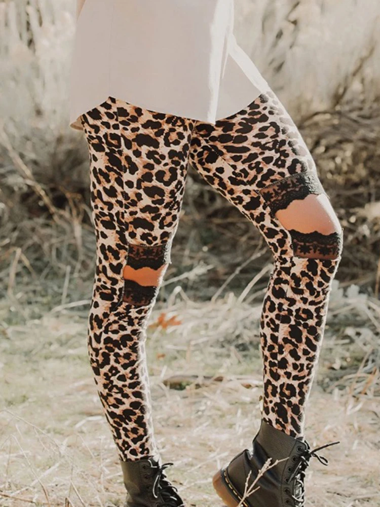 

Sexy Punk Ripped Leggings Leopard Printed Leggins Streetwear Hole Workout Scrunch Gym Hollow Elastic Skinny Club Fitness Tights