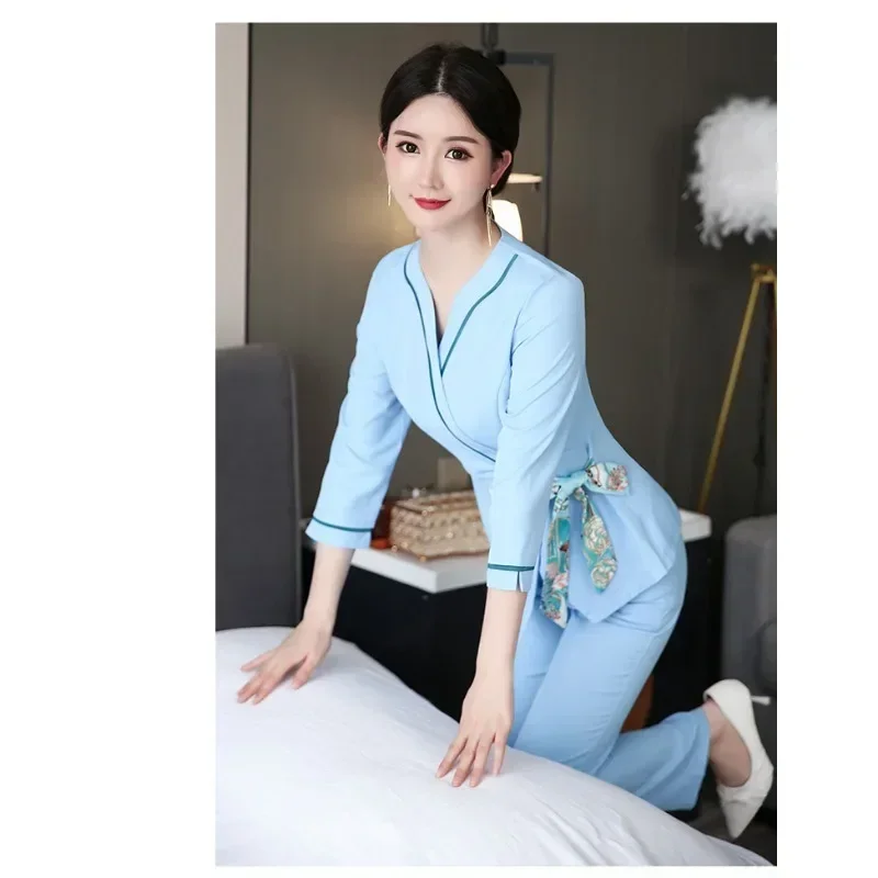 Beauty Salon Estheticienne Spa Uniform Massage Work Clothes Foot Therapist Work Gowns for Women Blue Beautician Uniform Suit