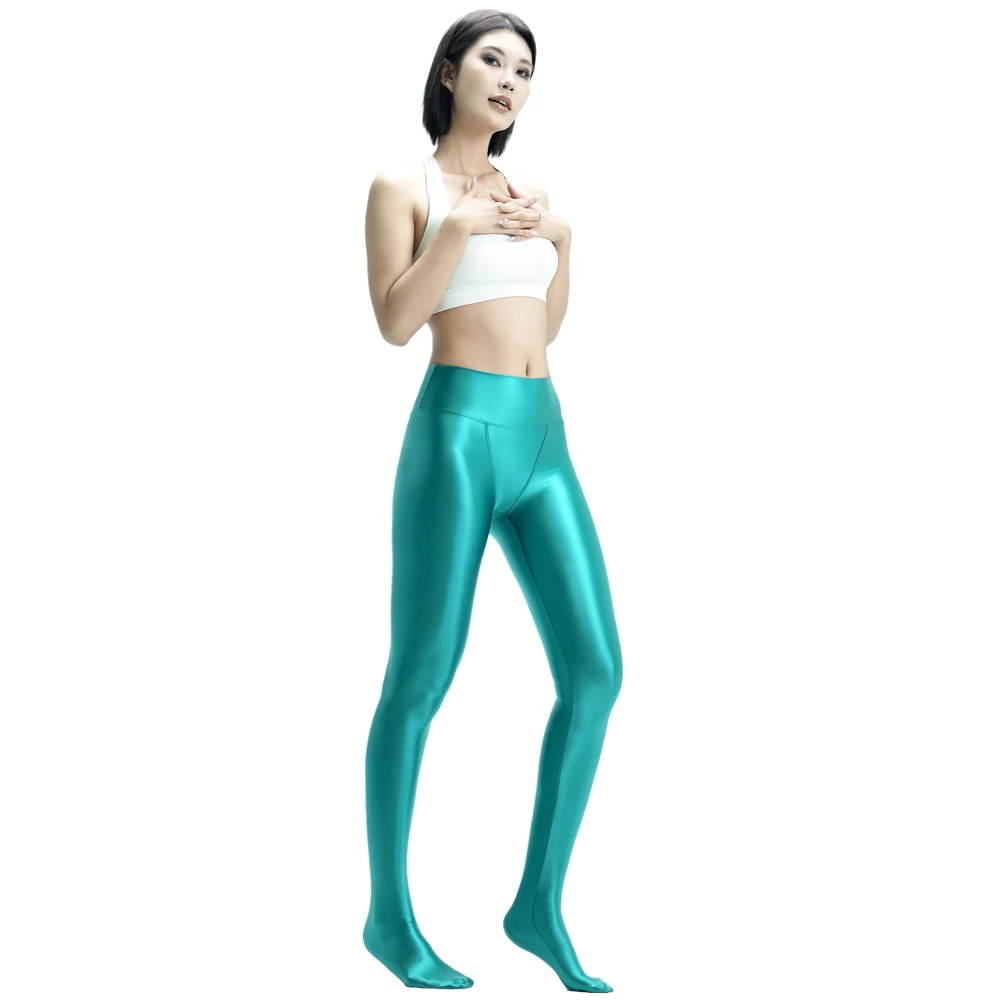 MJINM Damen glänzende, glatte Leggings, Fitness, Yoga, V-Schritt, hohe Taille, Satin-Jeggings, Stretch-Strumpfhose, blickdichte Wetlook-Strumpfhose