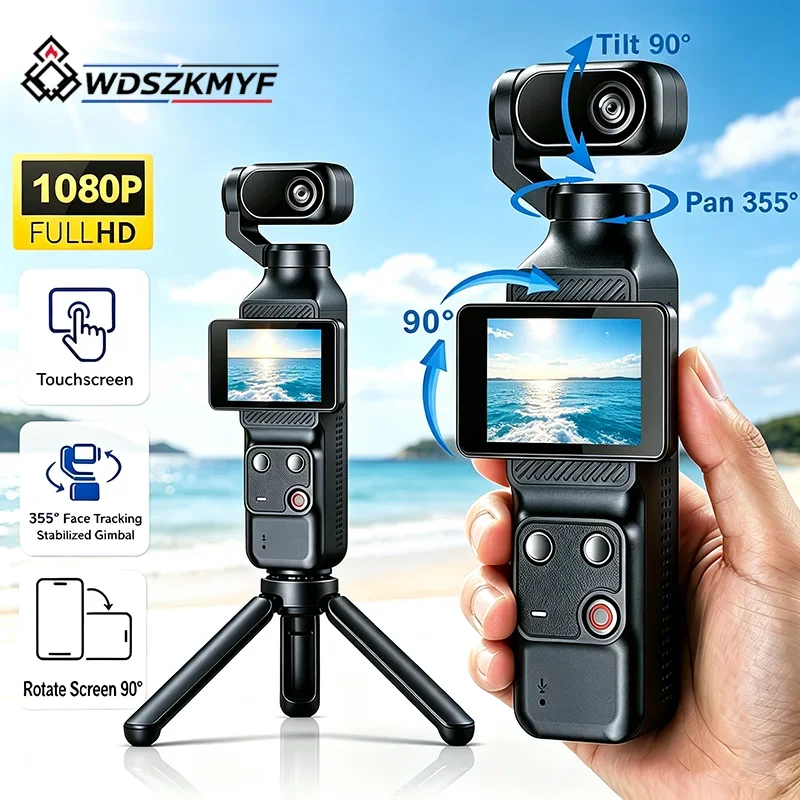 Mini Touch Screen 1080P 2“ Action Camera 355° Face Tracking Gimbal Stabilizer WiFi Pocket Gimbal Cam for Road Trip Travel Vlog