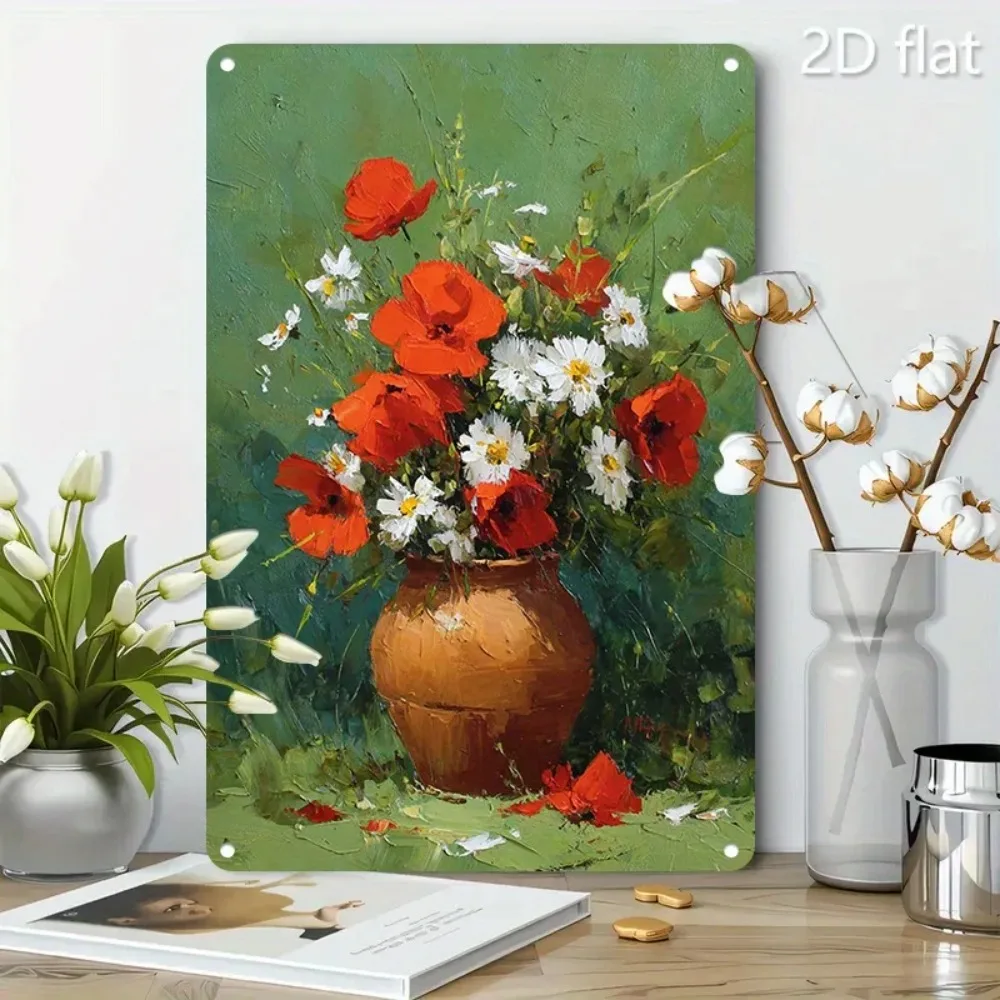 

Винтажная металлическая табличка 8x12 с красными маками и ромашками, настенный декор для дома, кафе, свадьбы