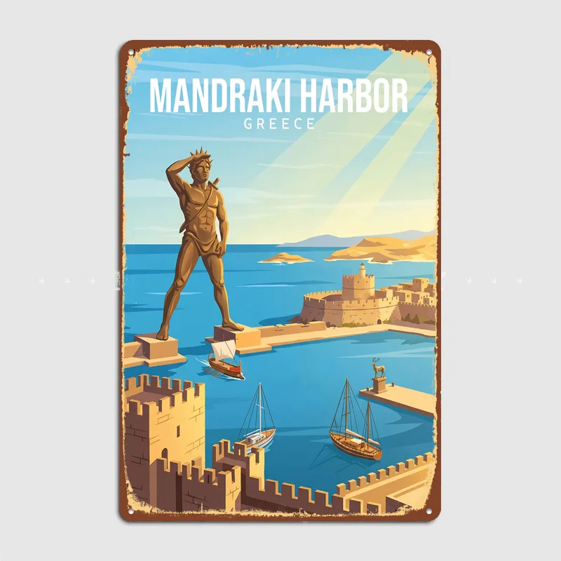 Mandraki Harbor Greece Travel Poster Metal Posters Living Sign Indoor Outdoor Room Decoration Home Bar Decor Wall Decor