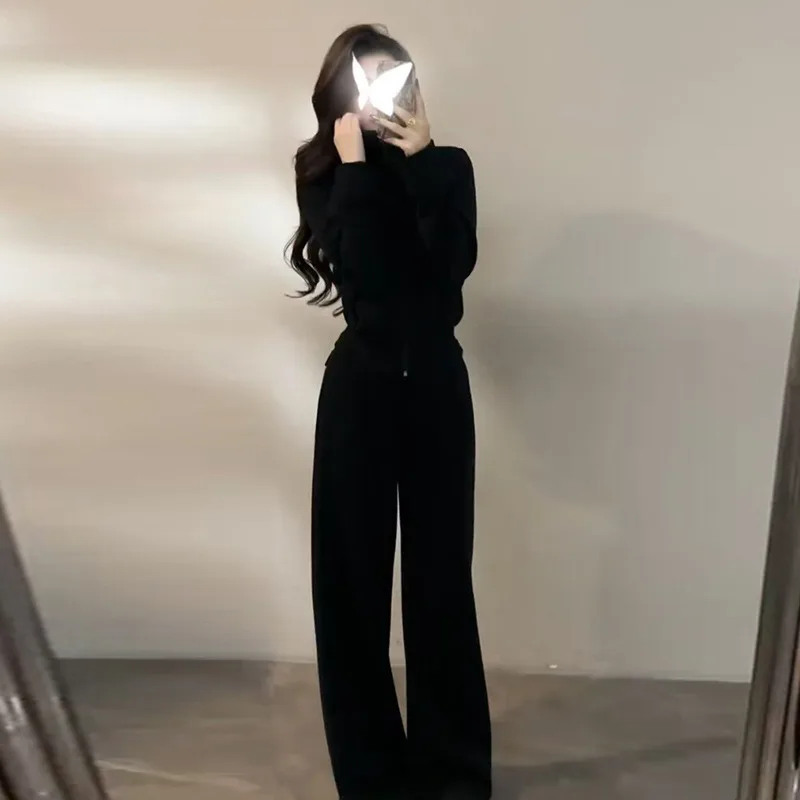 Black Casual Fashionable Sportswear Set  Women Autumn Winter Fleece Look Laid-back Style Stand-up Collar Hoodie and Long Pants