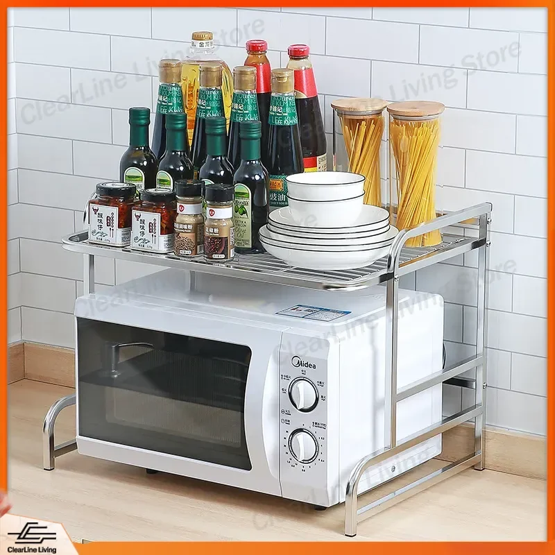 Stainless Steel Microwave Oven Rack Shelf Double Tier Countertop Storage Rack for Rice Cooker Oven Kitchen Organizer Space