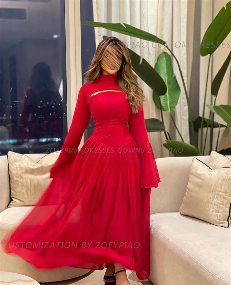 Formal Dress Elegant Red Chiffon A Line Evening Dress Long Sleeves High Neck Custom Made Arabic Formal Prom Party Gown 2024