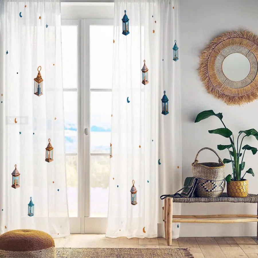 2PCS Digital Print Sheer Curtains, Blue Brown Star Moon Lamp, Ramadan Earthy Bohemian for Bedroom Living Room Home Decor