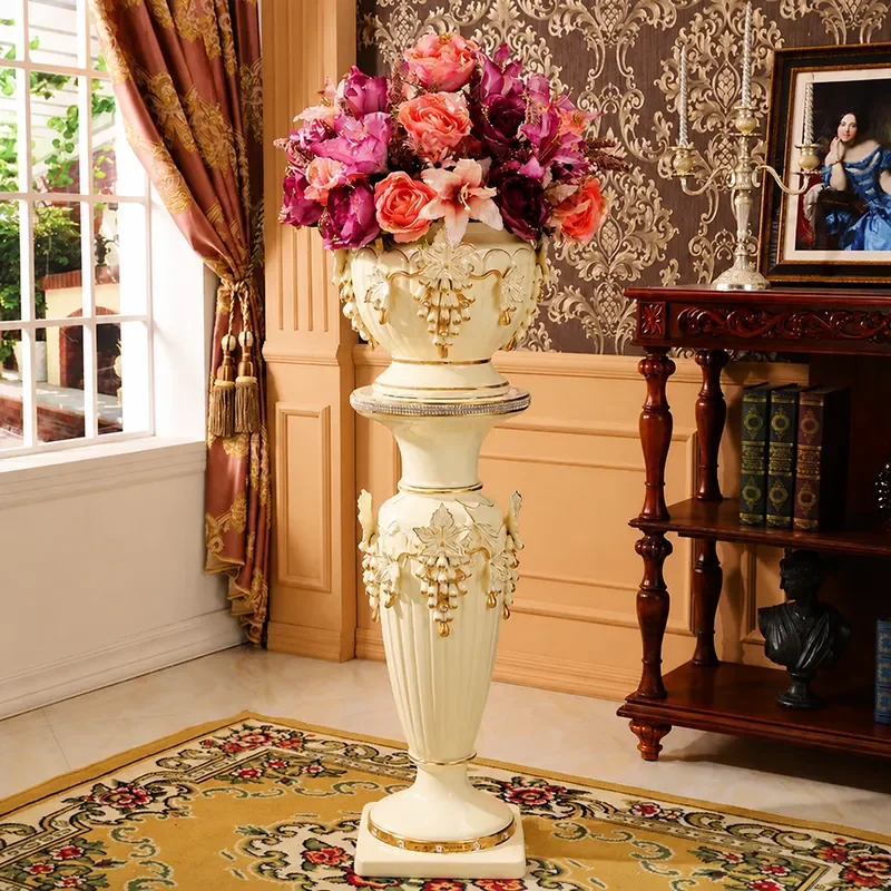 Large Ceramic Roman Column Floor to Ceiling Vase Light Luxury High End Living Room Entrance Flower Pot Arrangement Decorative