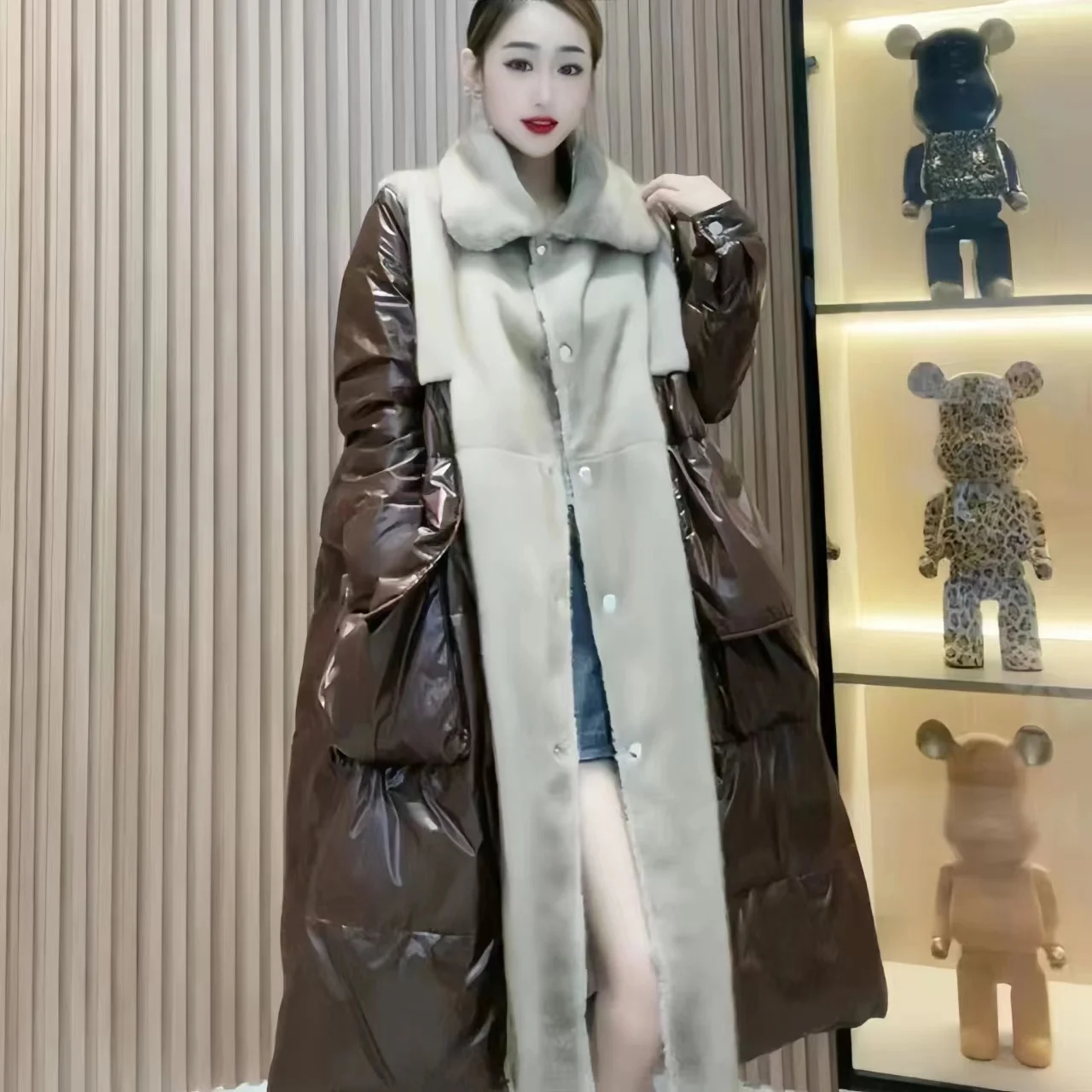 Faux Mink Fur Collar Down Jacket for Women, Loose Long Overcoat, Female Clothing, High Quality, New, Winter, 2023