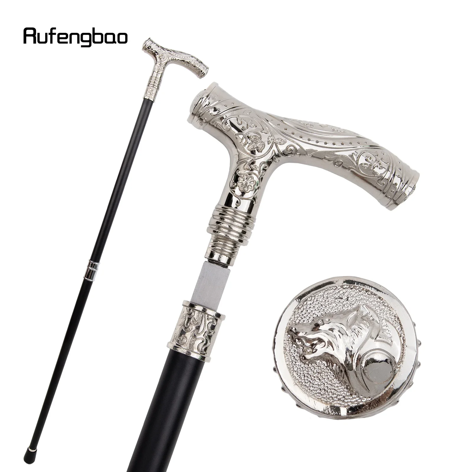 White Wolf Head Flower Walking Stick with Hidden Plate Self Defense Fashion Cane Plate Cosplay Crosier Stick 93cm