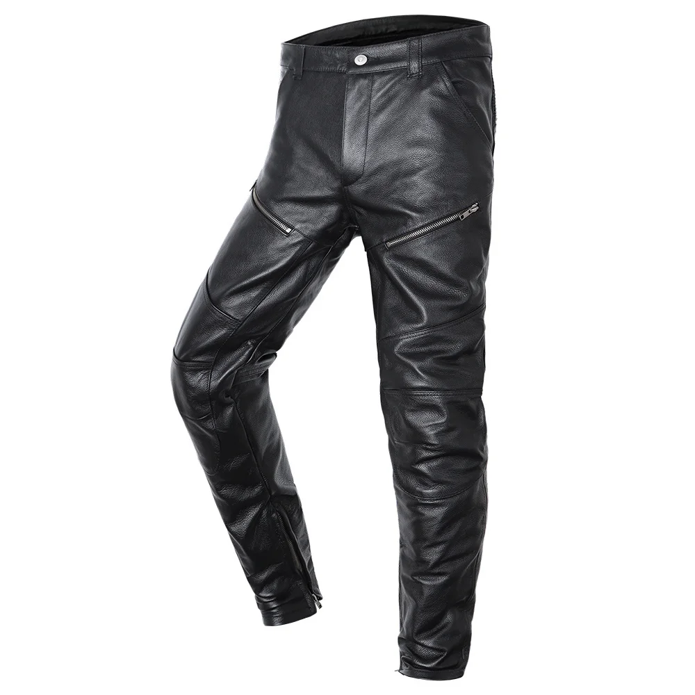 Pantalon de moto en cuir de vachette véritable pour hommes, pantalon mince de motard de haute qualité, peut installer des protecteurs de genou, fjFor Man