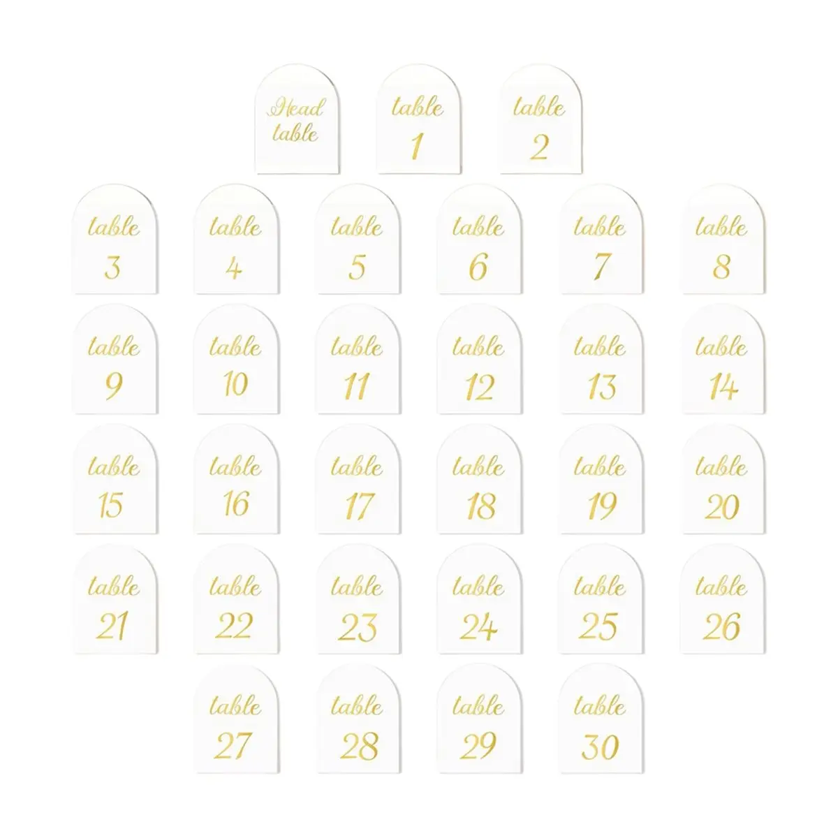 A712K Arch Table Numbers 1-30 + Head Table, Gold Foil Embossed White Cards, Elegant Wedding Reception Centerpiece Decoration SUM
