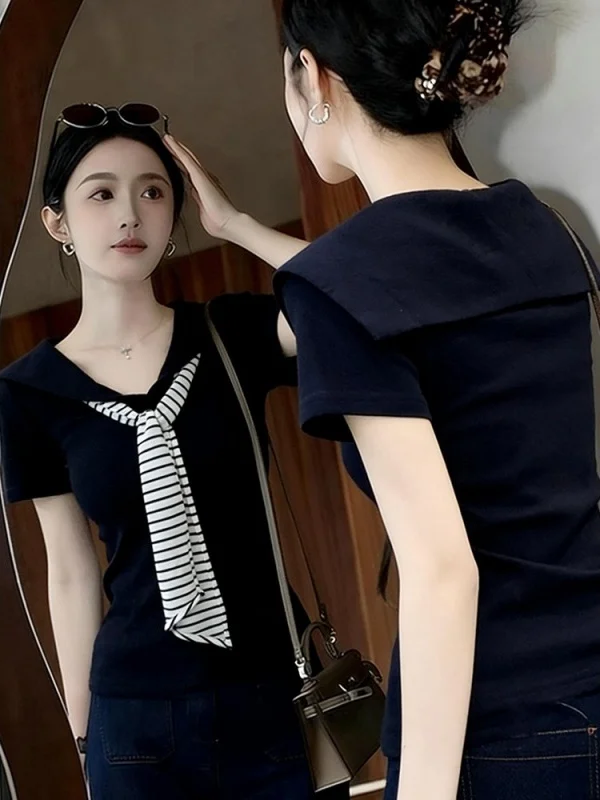 Korean Style College Wind Navy Collar Color Block Striped Shoulder Wrap V Neck Tied Short Sleeve Top for Women Slim Fit Shirt