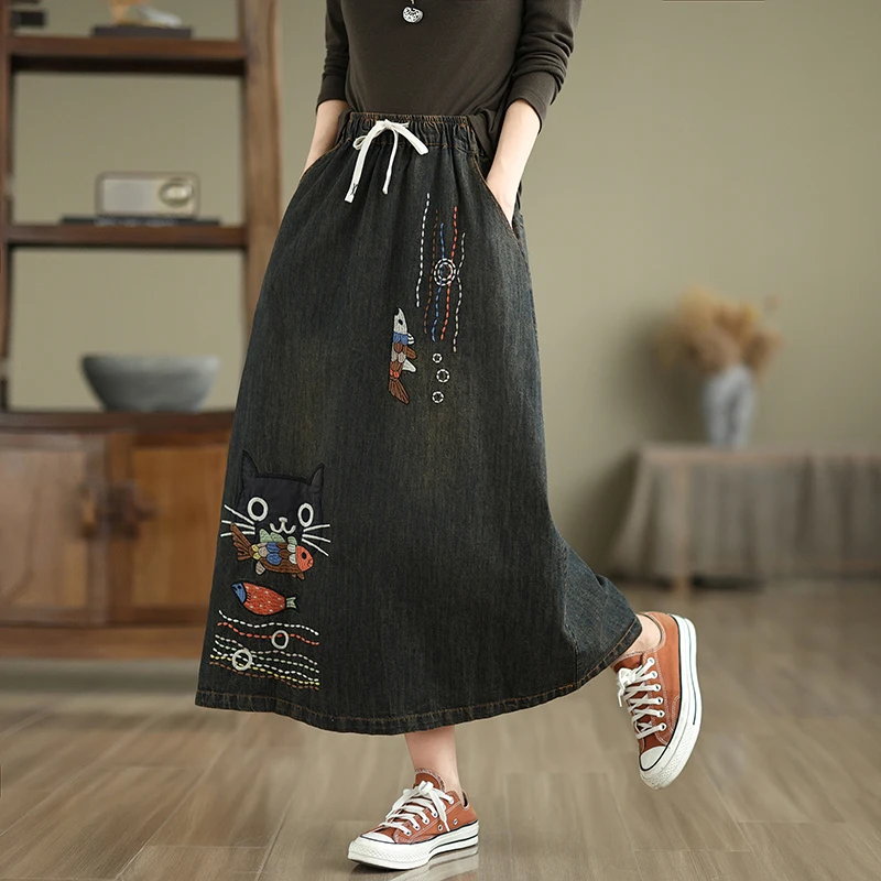 Retro Cartoon Animal Embroidery Denim f Skirt Thin Spring Summer High Waist Elastic Waisand Vintage Patchwork Slimming M...