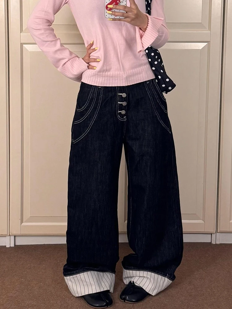 

American Style Spicy Girl Design Sensation Color Block Jeans Women's Retro Loose Straight Long Pants Floor-Length Cuffed
