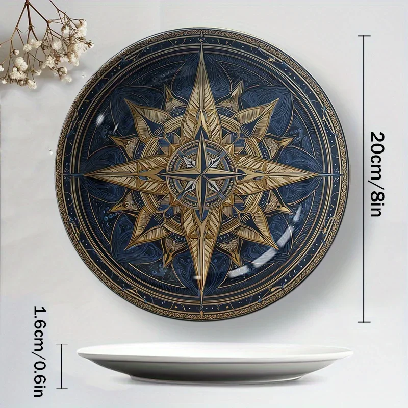 1pc Elegant Ceramic Decorative Plate - Navy Blue & Golden Star Pattern, Non-Food Contact Safe Tabletop Or Wall Decor - Perfect