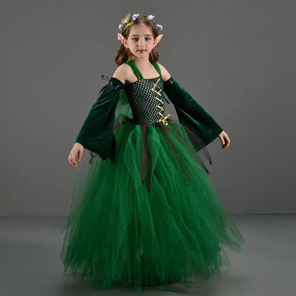 Bambini Ragazze Elfo Cosplay Tutu Abito Verde Costume Gioco di ruolo Gonne da ballo Elfo Orecchio Copricapi Abiti Halloween Spettacolo teatraleTuta