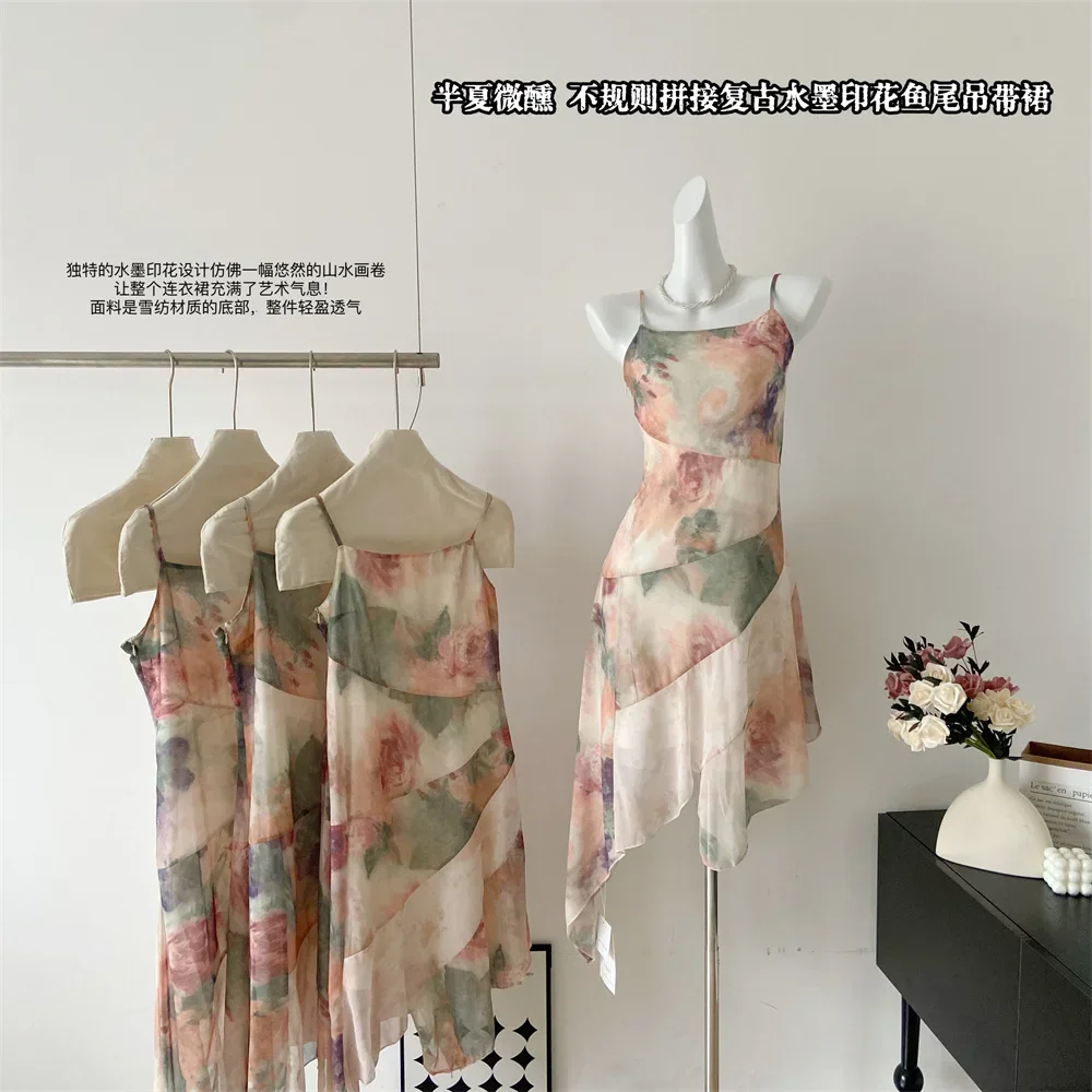 

Summer Harajuku Design Spaghetti Strap Dress 2024 New Sleeveless Elegant Sexy Floral Dress Asymmetrical Fairy Dresses Women