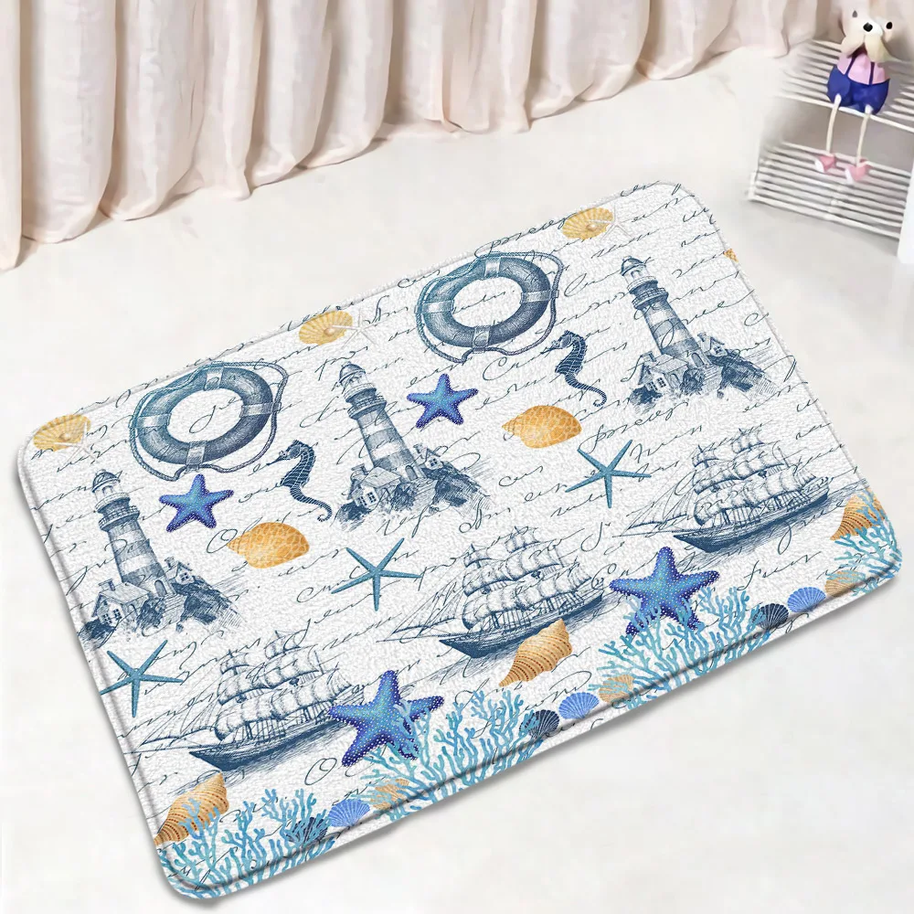 Nautical Bath Mat Lighthouse Rudder Seahorse Starfish Bathroom Mats Ocean Animals Summer Non-slip Bath Rug Decor for Home Carpet