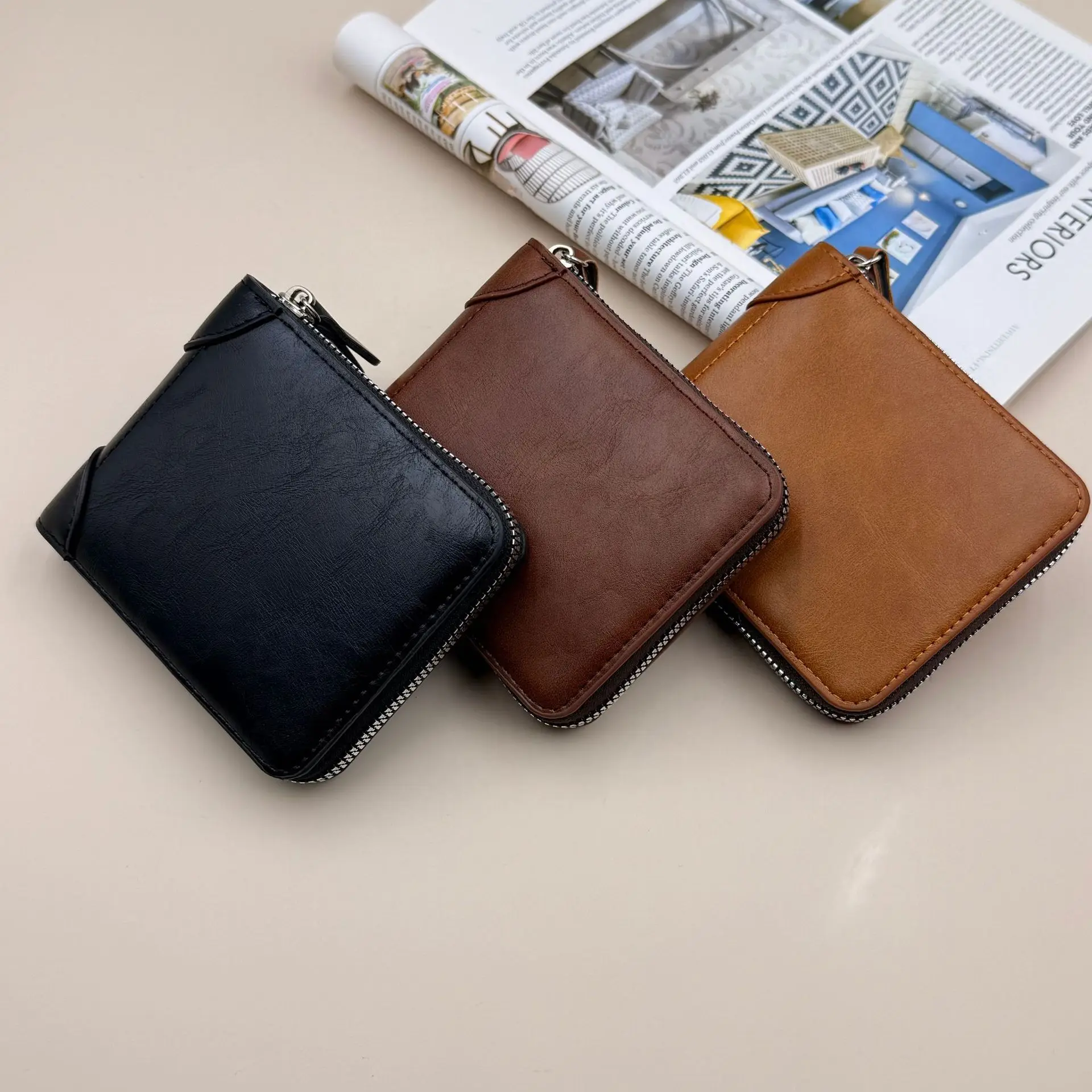 Men’s Leather Zipper Wallet Large Capacity Multi-card Holder Wallets Coin Cash Purse with ID Window image 2
