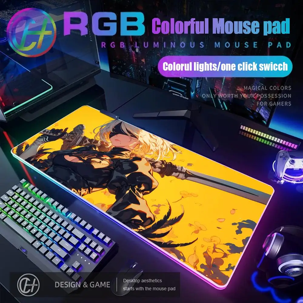 

HYBXAXC 2B Nier Automata Anime Mousepad RGB Gaming Mouse Pad Desk Mat HD Gamer Large LED Light XXL Mouse Pad