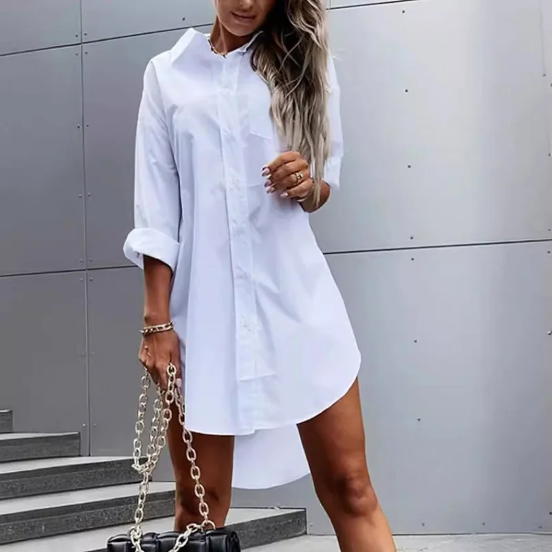 Cross-border women's clothing2023European and American Cotton and Linen Breasted Mid-Length Short Sleeve Loose Shirt Women's Ama