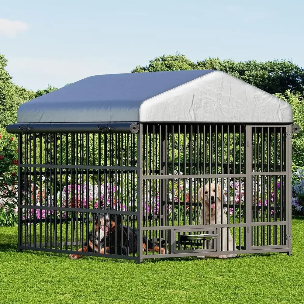 Large Outdoor Dog Kennel with Waterproof Cover and Rotating Feeding Bowls, Heavy-Duty Cage for Medium to Large Dogs