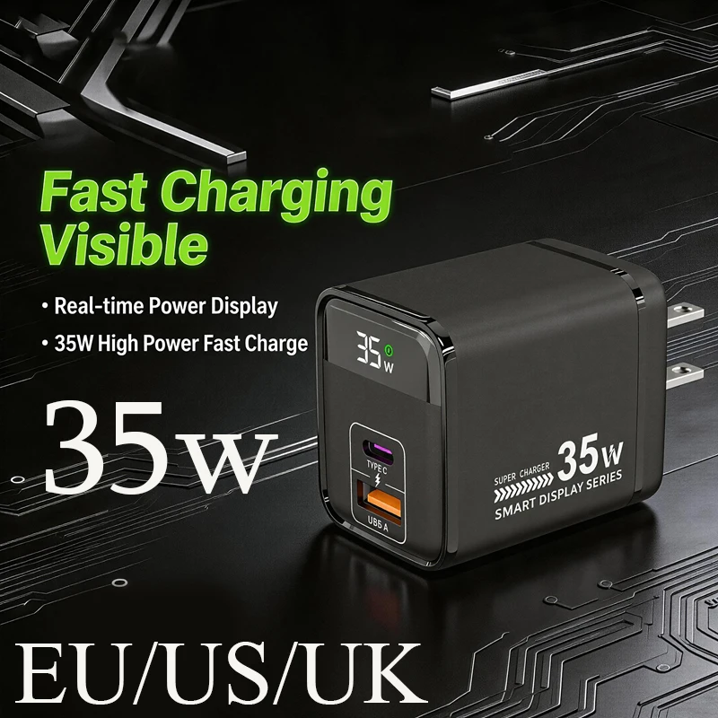 New 35W Dual Port A+C Digital Charger for Smartphones Smart Small Appliances Safe Fast Charging Head EU/US/UK Standard Portable