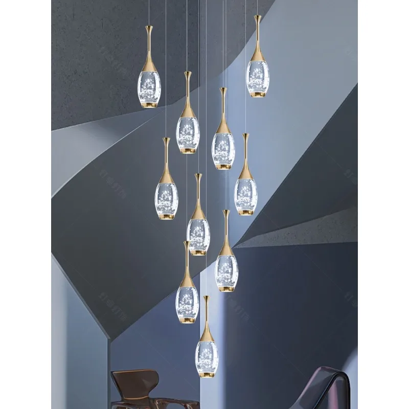 Villa duplex staircase chandelier, modern and simple crystal light luxury, rotating staircase, loft apartment long chandelier