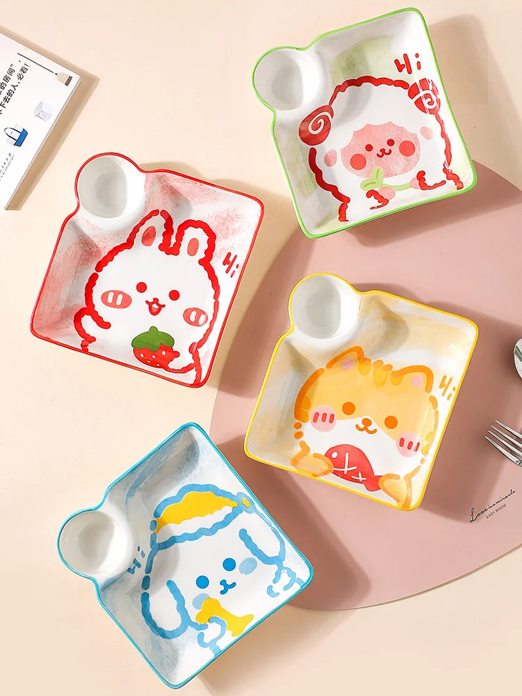 Cartoon Cute Rabbit Dog Cat Sheep Under Glazed Ceramic Dumpling Plates 7 Inch Separate Dish Children Kids Dinnerware 4 Colors