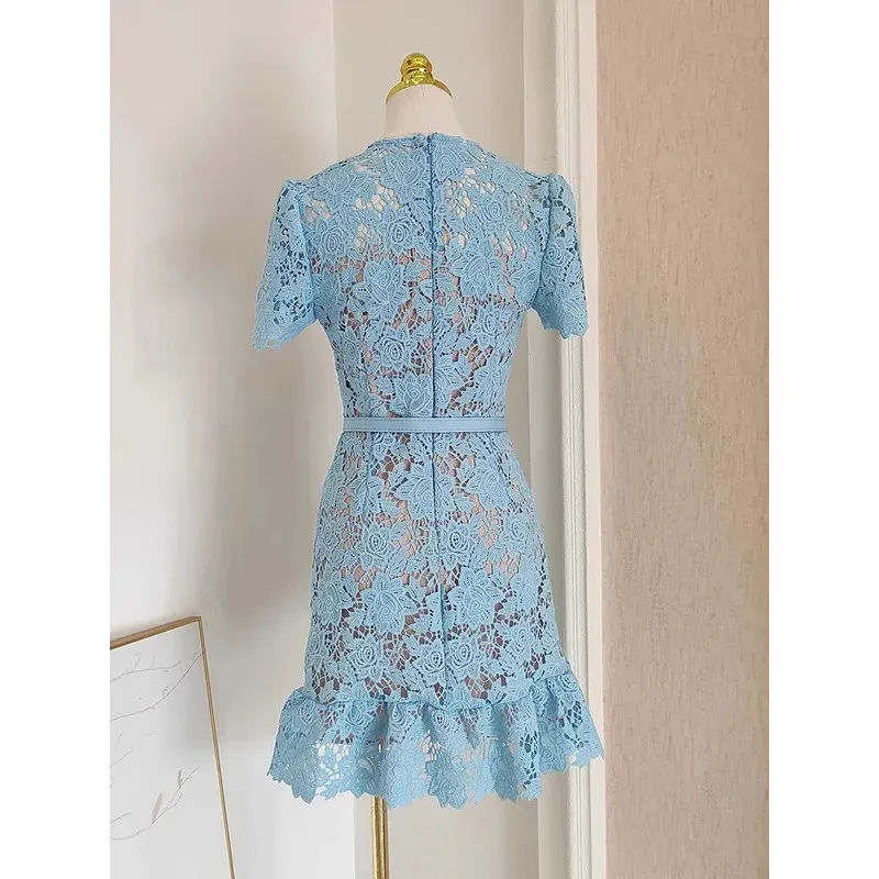 女性のための刺繍レースドレス,花柄,ボタンベルト,パーティー用の青いフリル,夏