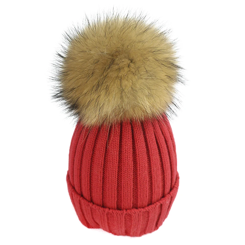 

MISSJANEFUR Women Beanie Hat with Raccoon Fur Pom Pom 2022 Fashion Strip Warm acrylic Knitted Cap Wholesale Outdoor Bobble Hats