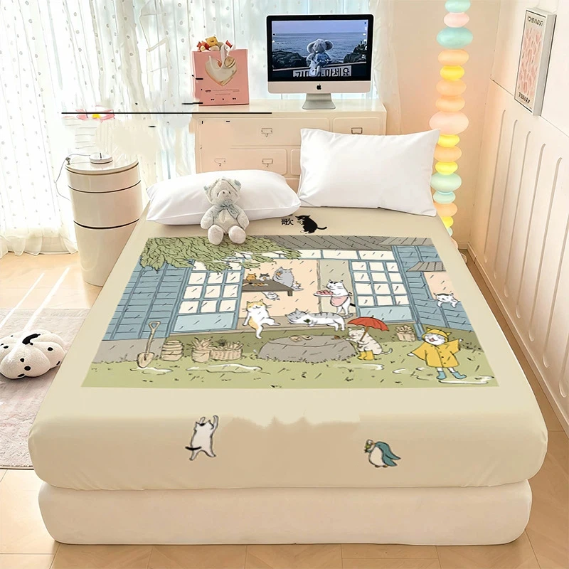 Cartoon Ukiyo-e cat Printed Fitted Sheet,Adult Children Bedroom Bed Cover Set,Japanese style pattern Bedding Set with Pillowcase
