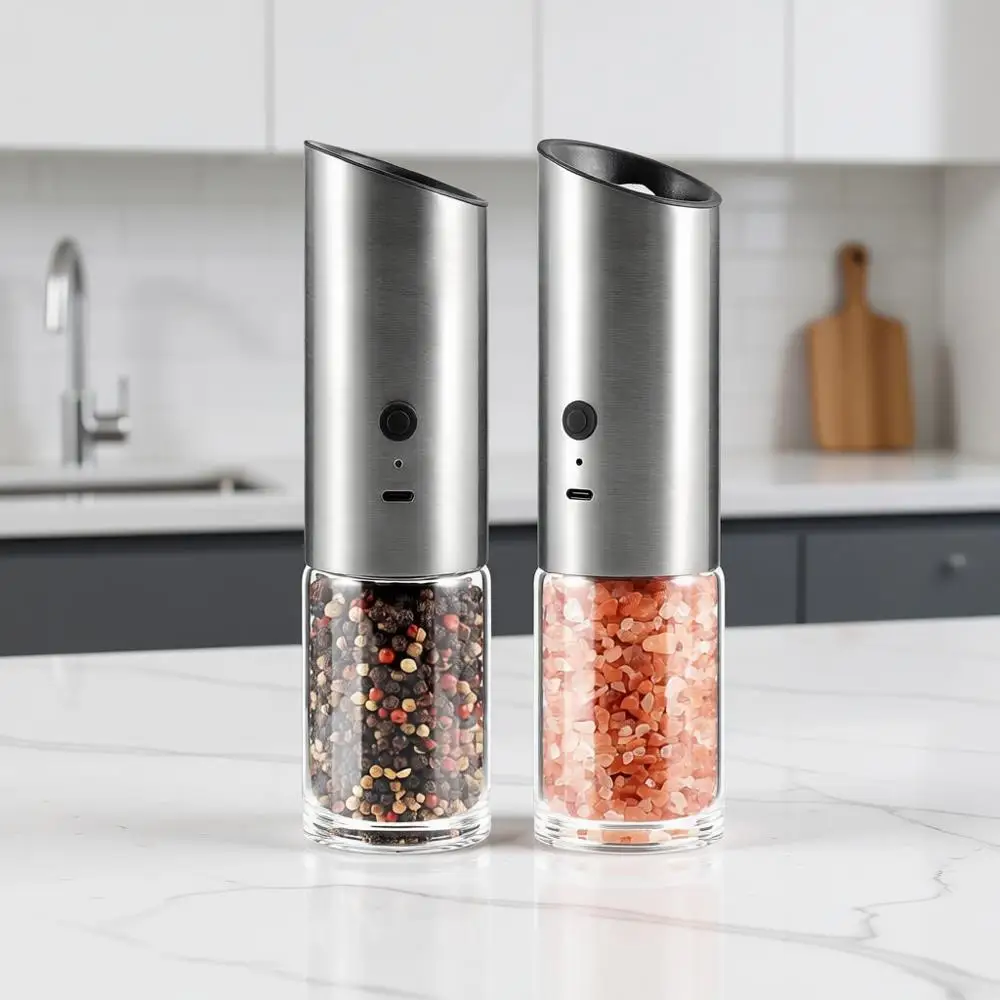 

Набор перезаряжаемых мельниц для перца и соли из нержавеющей стали, регулируемая степень помола, светодиодная подсветка, управление одной рукой