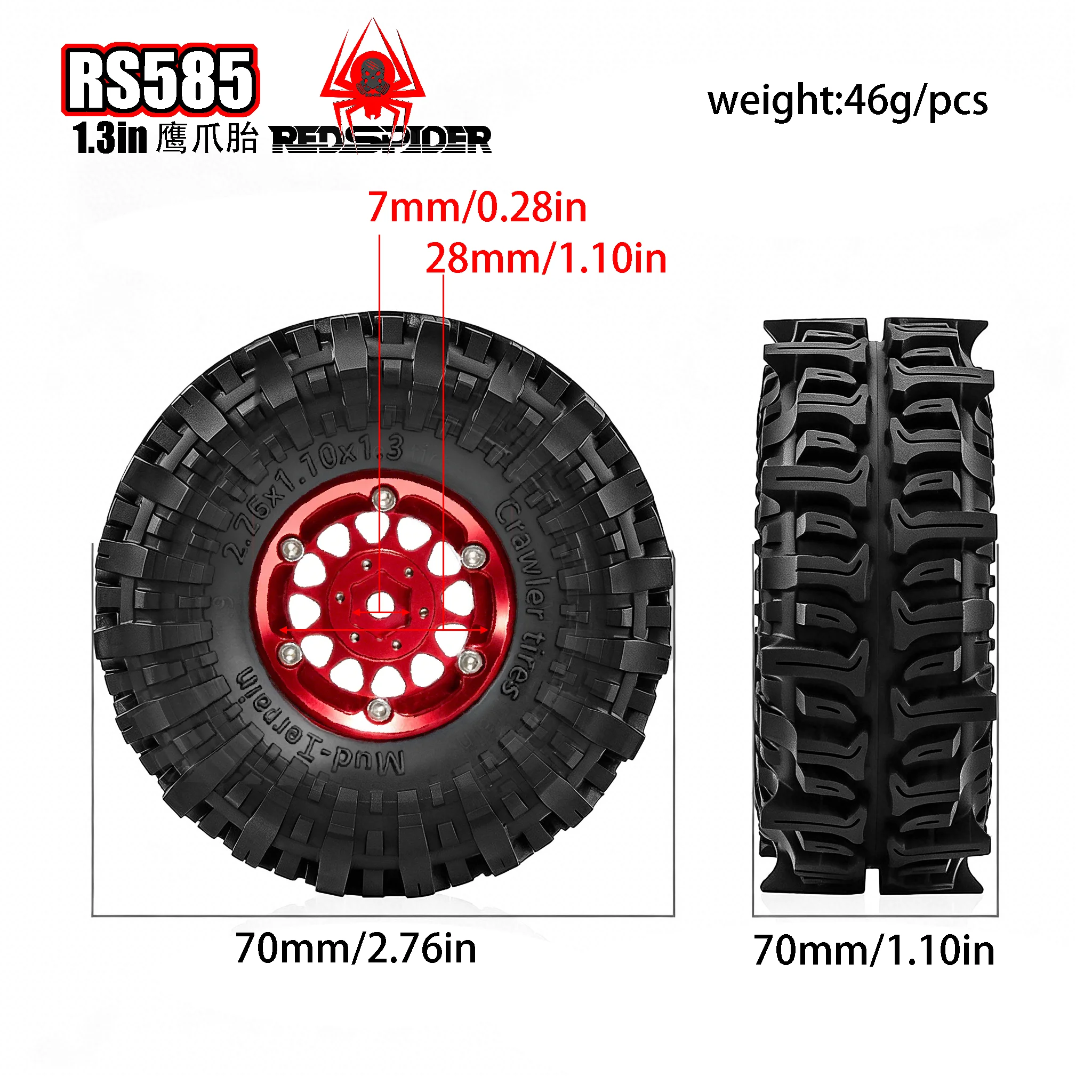 RED SPIDER 4Pcs 1.3 Beadlock Wheels and Tires Hex 7mm for 1/18 1/24 RC Crawler Car TRX4M SCX24 AX24 FCX24 Ascent-18 Upgrade Part